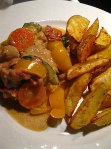Creamy Pork and Vegetable Stew with Spicy Roasted Potato Wedges