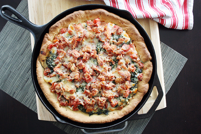 Deep Dish Spinach + Tomato Pizza