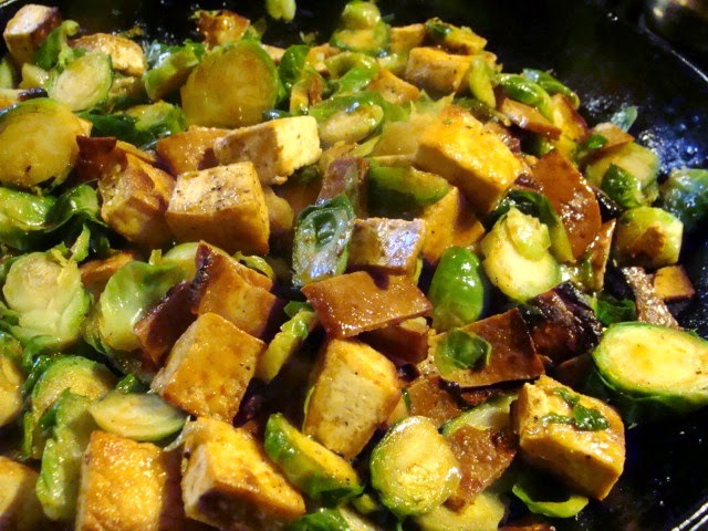 Spicy Tofu & Brussels Sprout Stir-Fry with Korean-Style Sauce & Vegan Bacon 