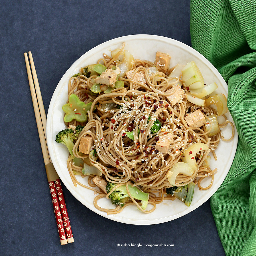 Tofu Broccoli Bok Choy Stir fry with Garlic Sesame Soy Sauce and Soba Noodles