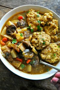 Vegan Winter Vegetable Stew with Cheesy Herb Dumplings