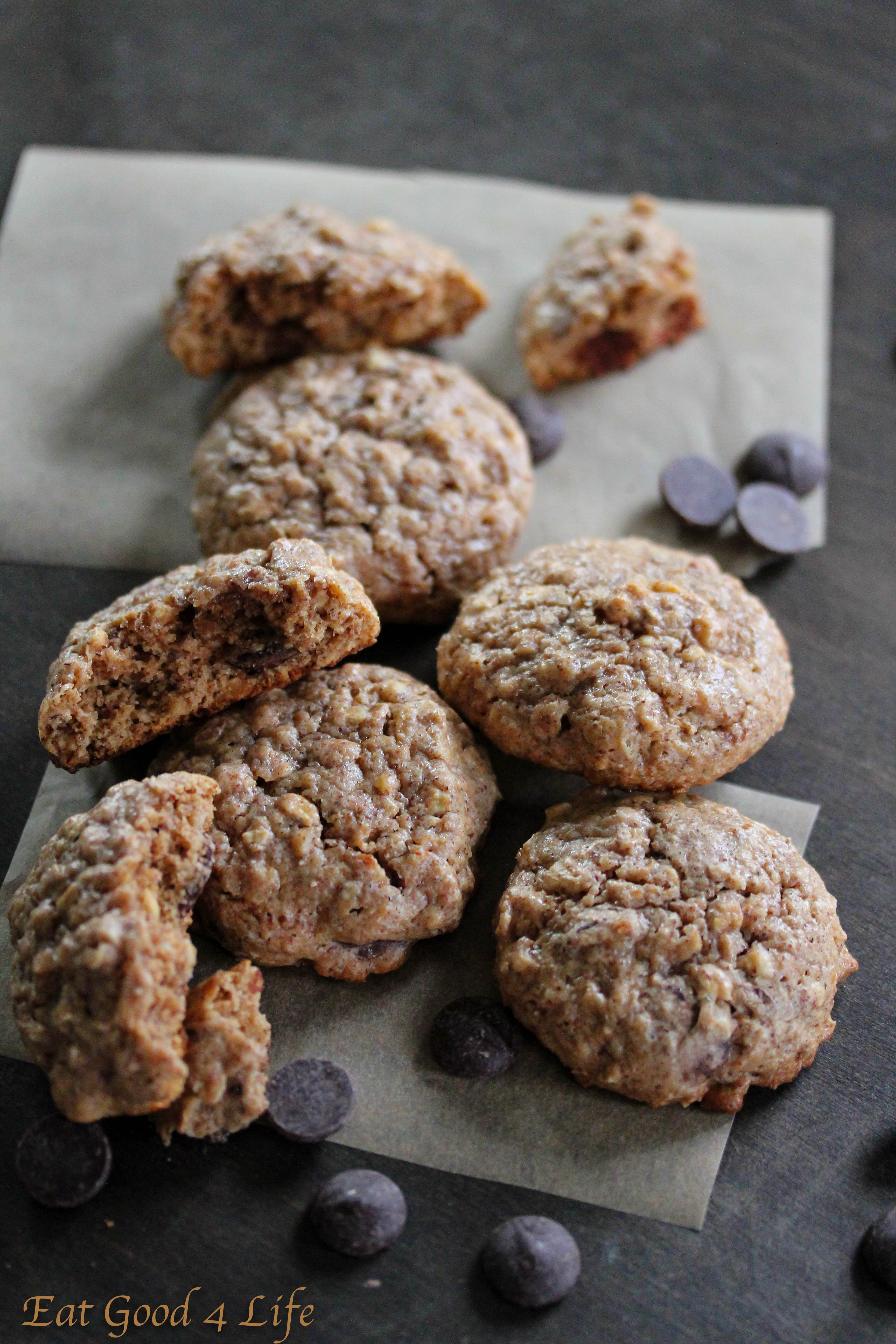 Almond Butter Chocolate Chip Cookies
 Gluten free oatmeal almond butter and chocolate chip cookies