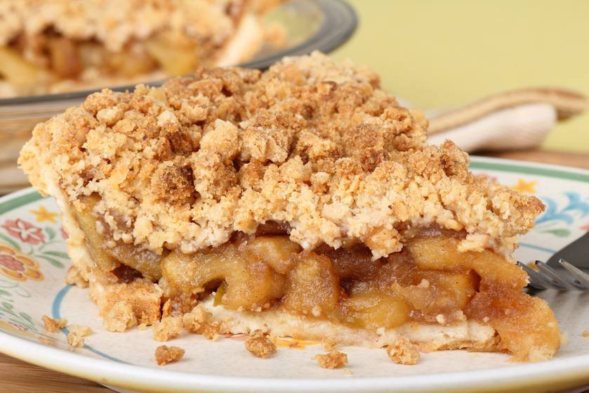 Apple Pie With Crumble Topping
 Crumb topped apple pie with caramel sauce