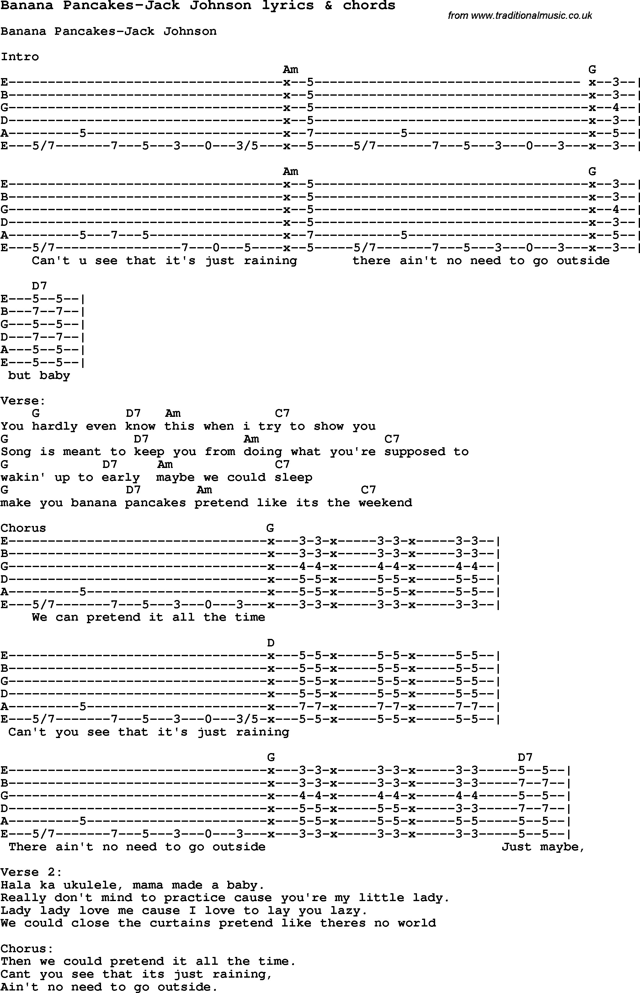 Banana Pancakes Ukulele Chords
 Love Song Lyrics for Banana Pancakes Jack Johnson with chords