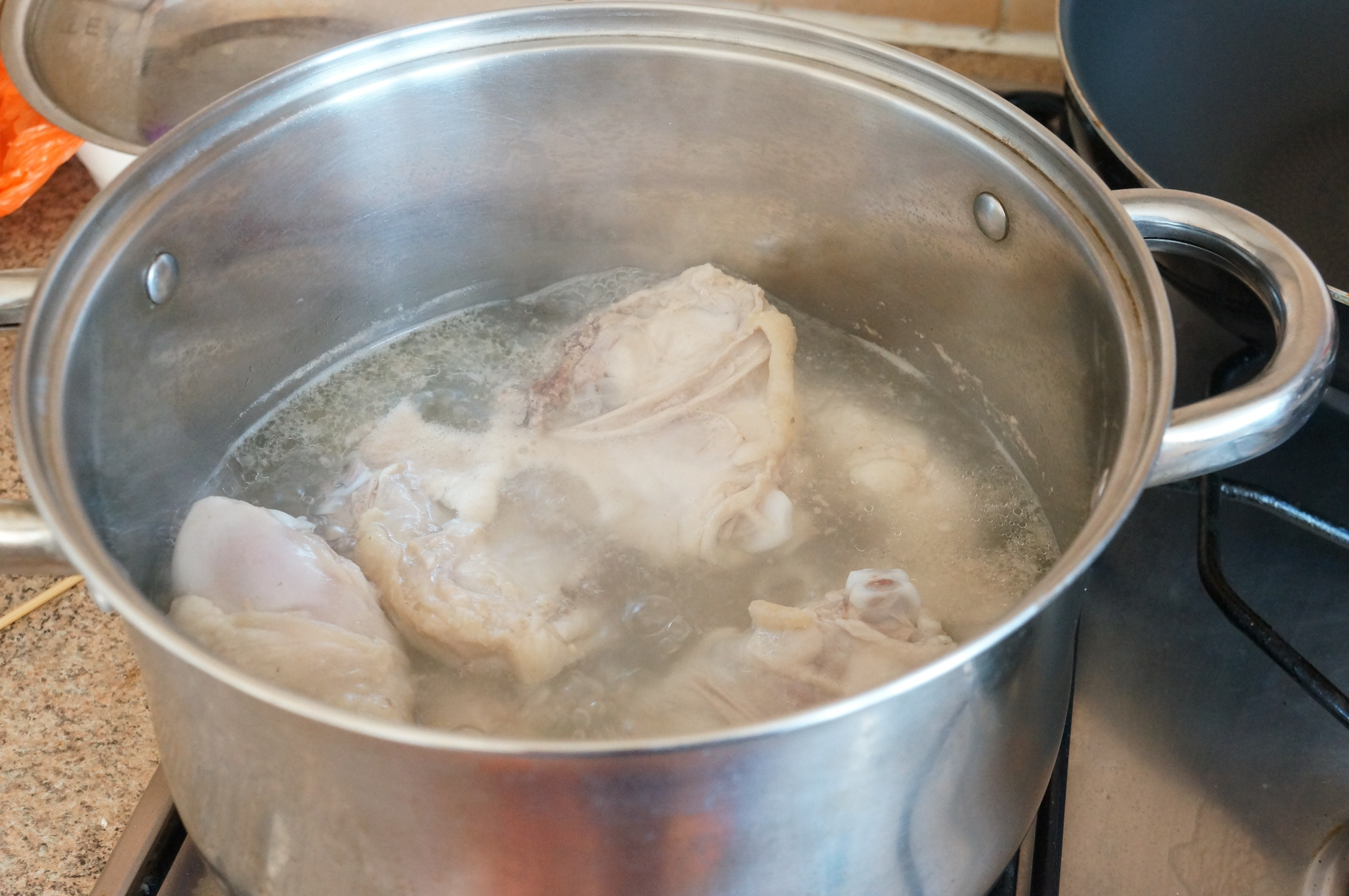 Boil Chicken Breasts
 Chicken and century egg porridge recipe