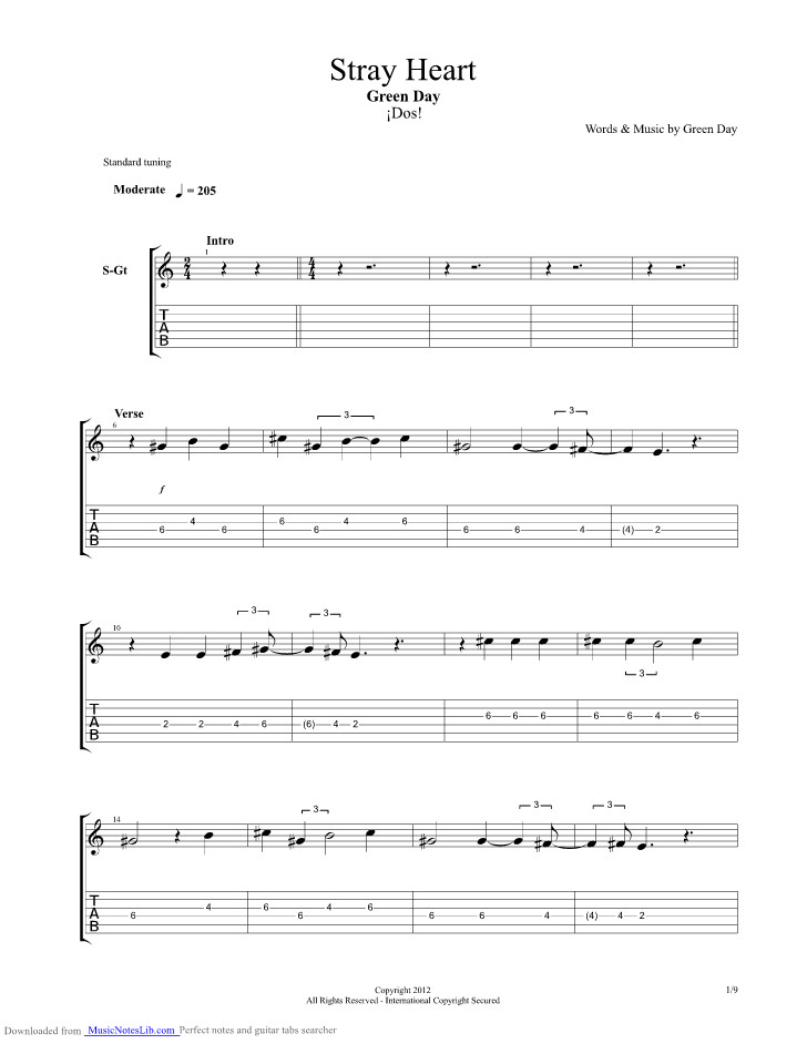 Brain Stew Chords
 Stray Heart guitar pro tab by Green Day musicnoteslib