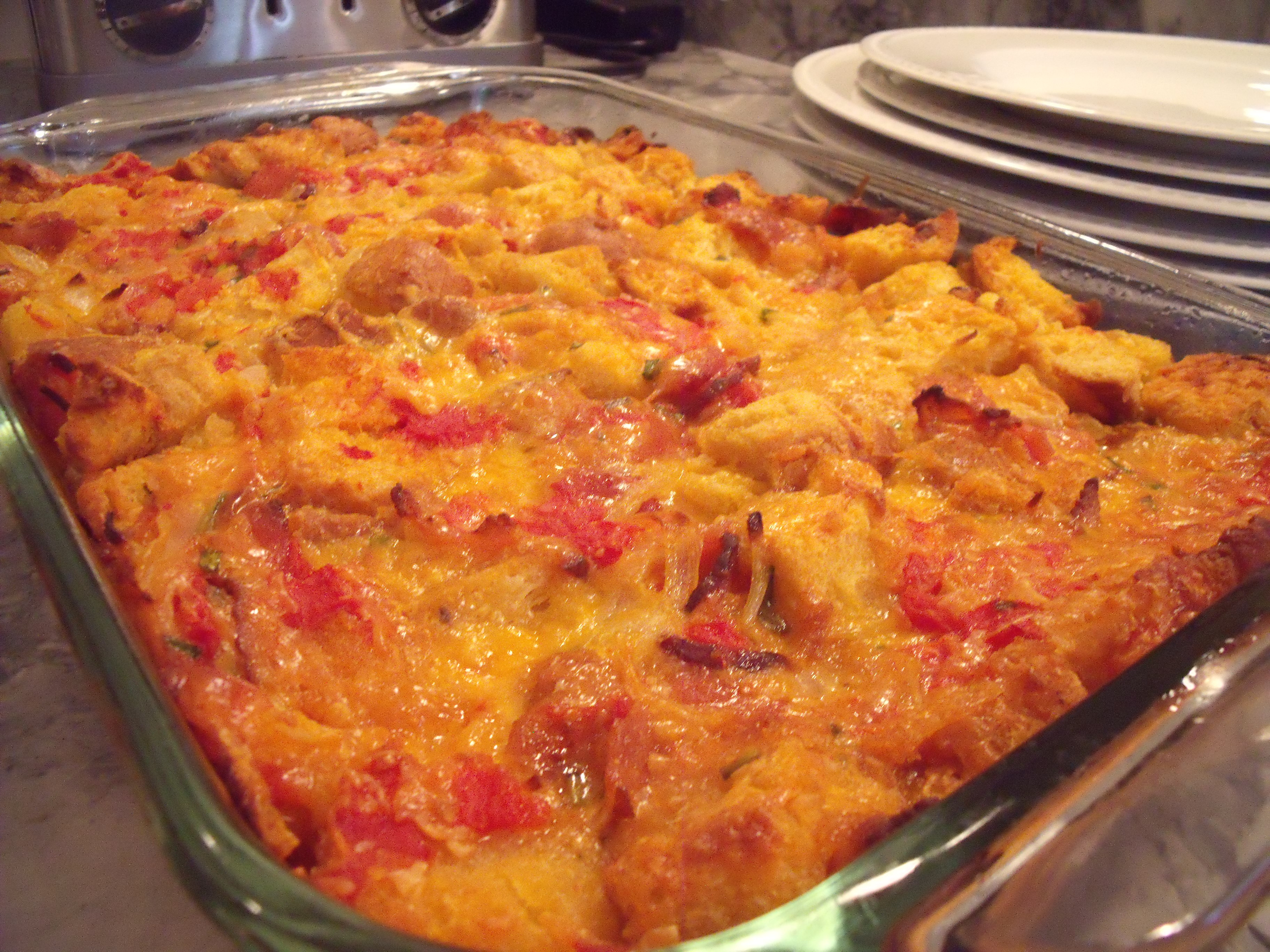 Breakfast Without Eggs
 Bacon Tomato and Cheddar Breakfast Bake with or without