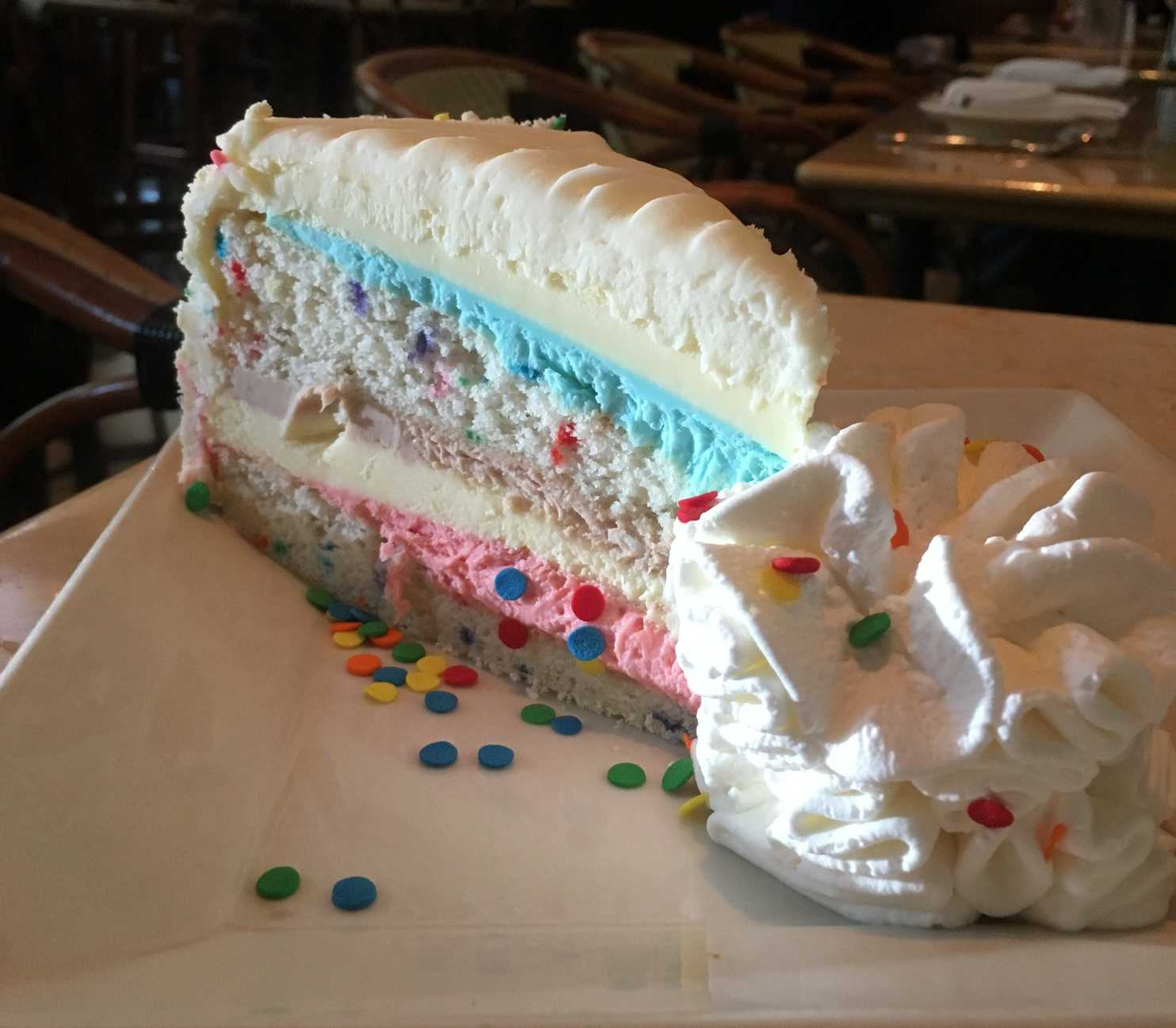 Cheesecake Factory Birthday Cake
 This slab of unicorn sprinkle cake from the Cheesecake