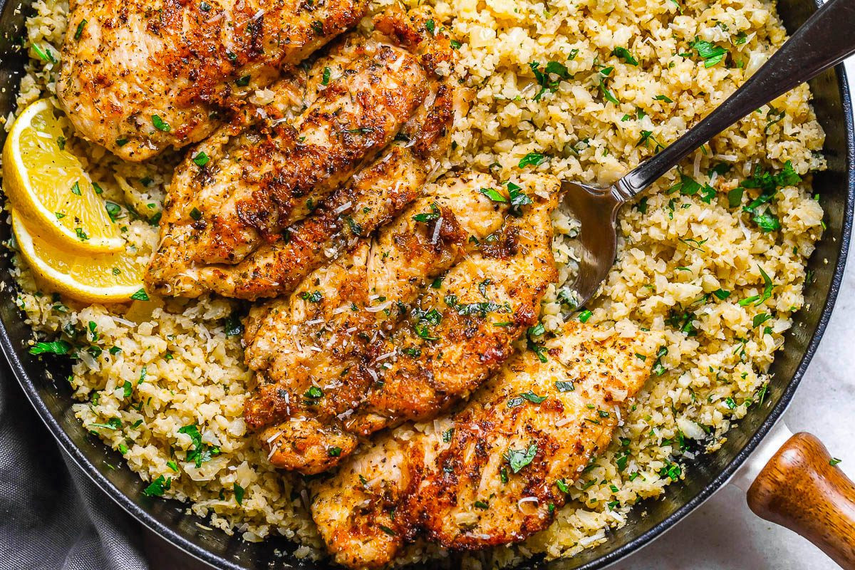 Chicken And Cauliflower Rice
 Garlic Butter Chicken with Parmesan Cauliflower Rice