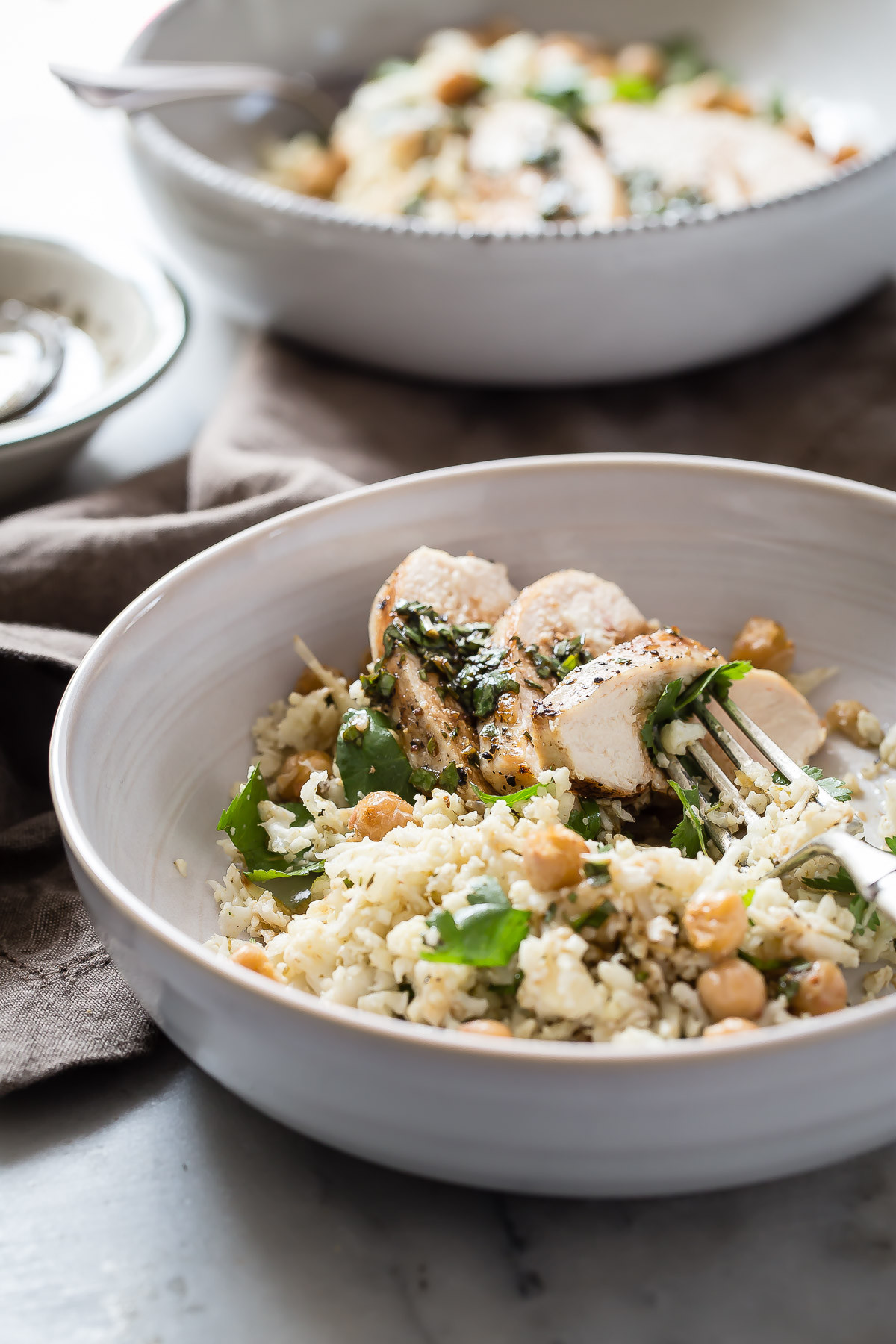 Chicken And Cauliflower Rice
 Cauliflower Rice with Grilled Chicken and Garbanzo Beans