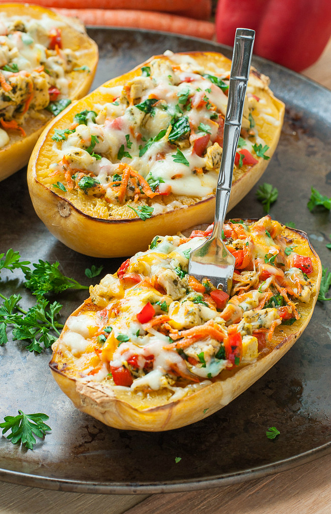 Chicken And Spaghetti Squash
 Cheesy Pesto Chicken and Veggie Stuffed Spaghetti Squash