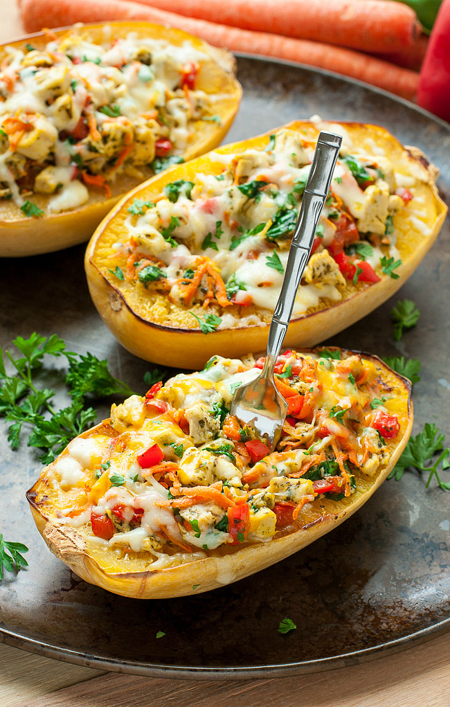 Chicken And Spaghetti Squash
 Cheesy Pesto Chicken and Veggie Stuffed Spaghetti Squash