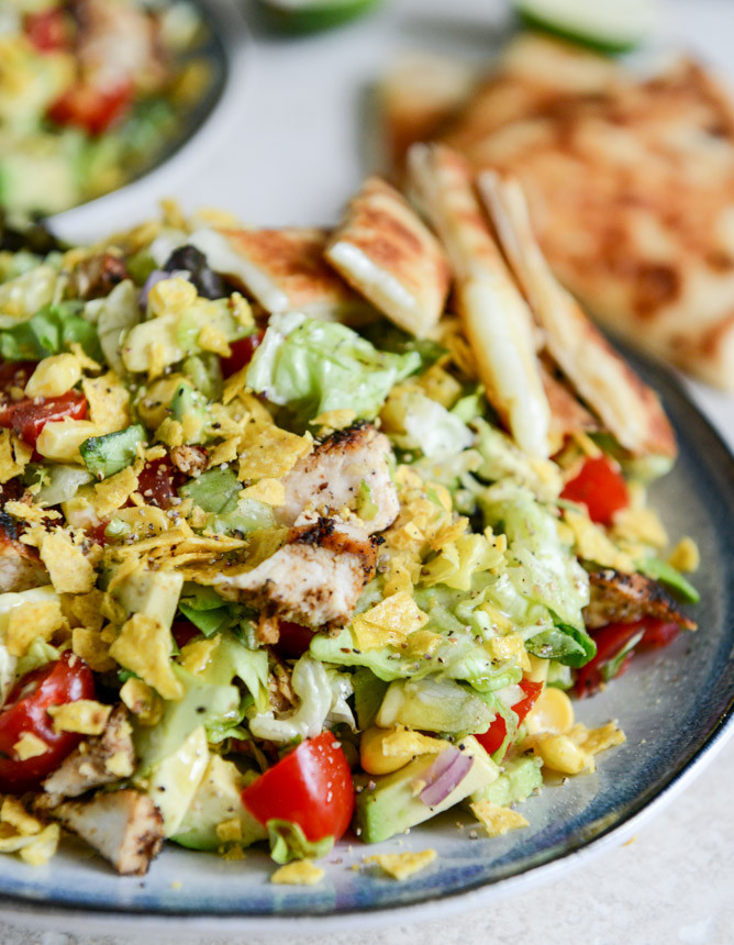 Chicken Taco Salad Recipe
 Chopped Chicken Taco Salads with Cheese Quesadilla Strips