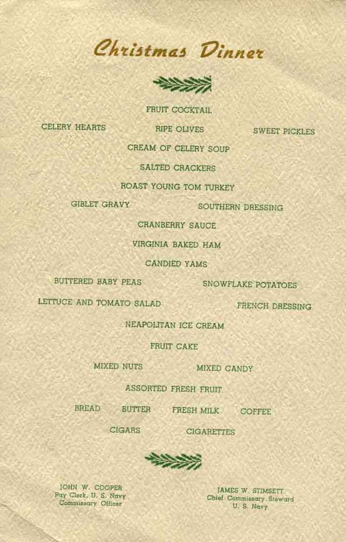 Christmas Ham Dinner Menu
 Naval Warfare Christmas 2012