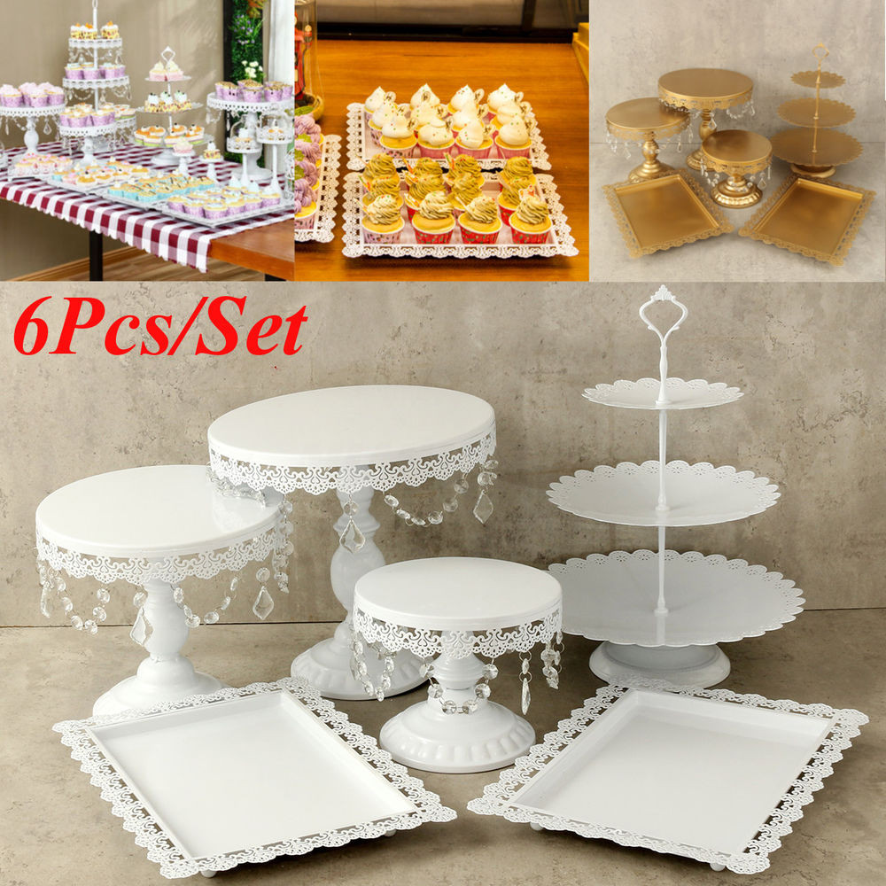 Dessert Display Stands
 6Pc Set White Gold Crystal Cake Stand Display Dessert