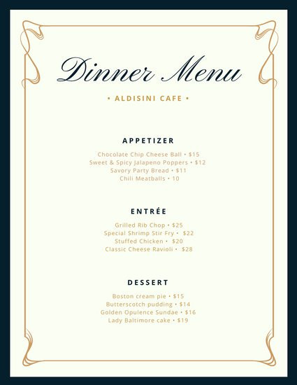 Dinner Menu Template
 Cream and Blue Fancy Border Dinner Menu Templates by Canva