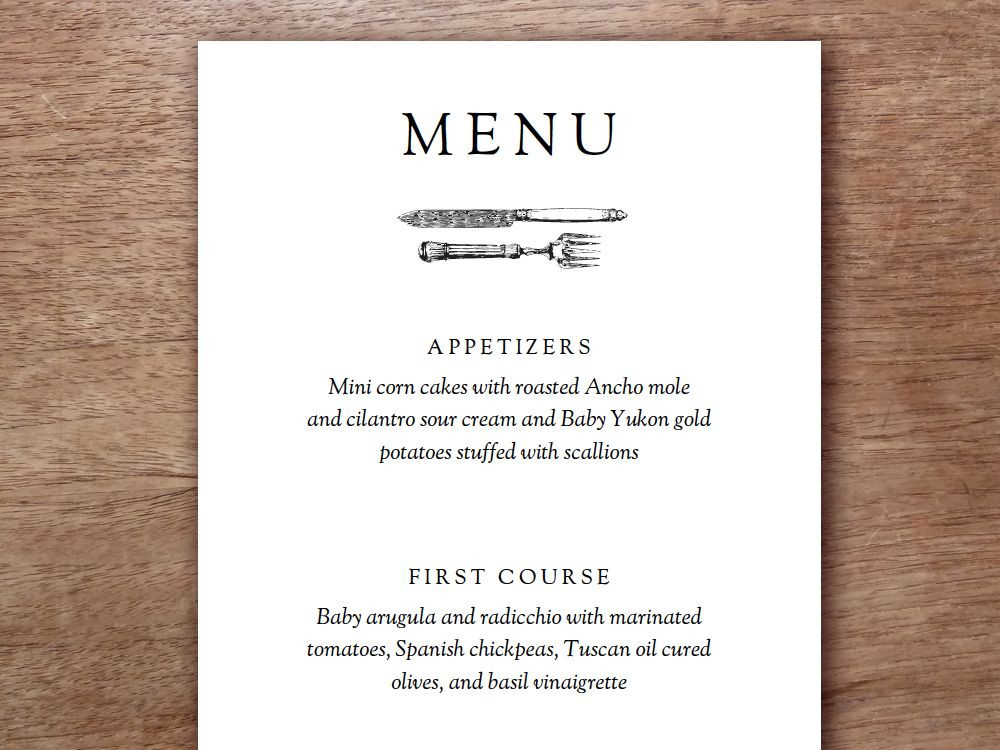 Dinner Menu Template
 Printable Menu Kate & Wills