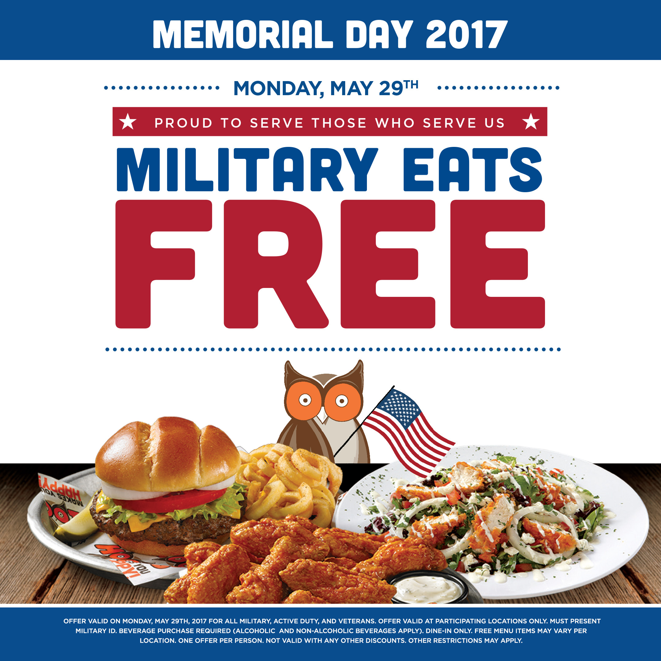 Free Dinners On Veterans Day
 Hooters Serves Free Meals to Military on Memorial Day