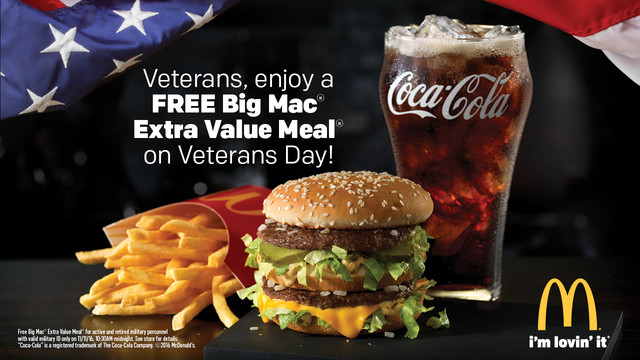 Free Dinners On Veterans Day
 McDonald s offers free Big Mac meal to veterans and active