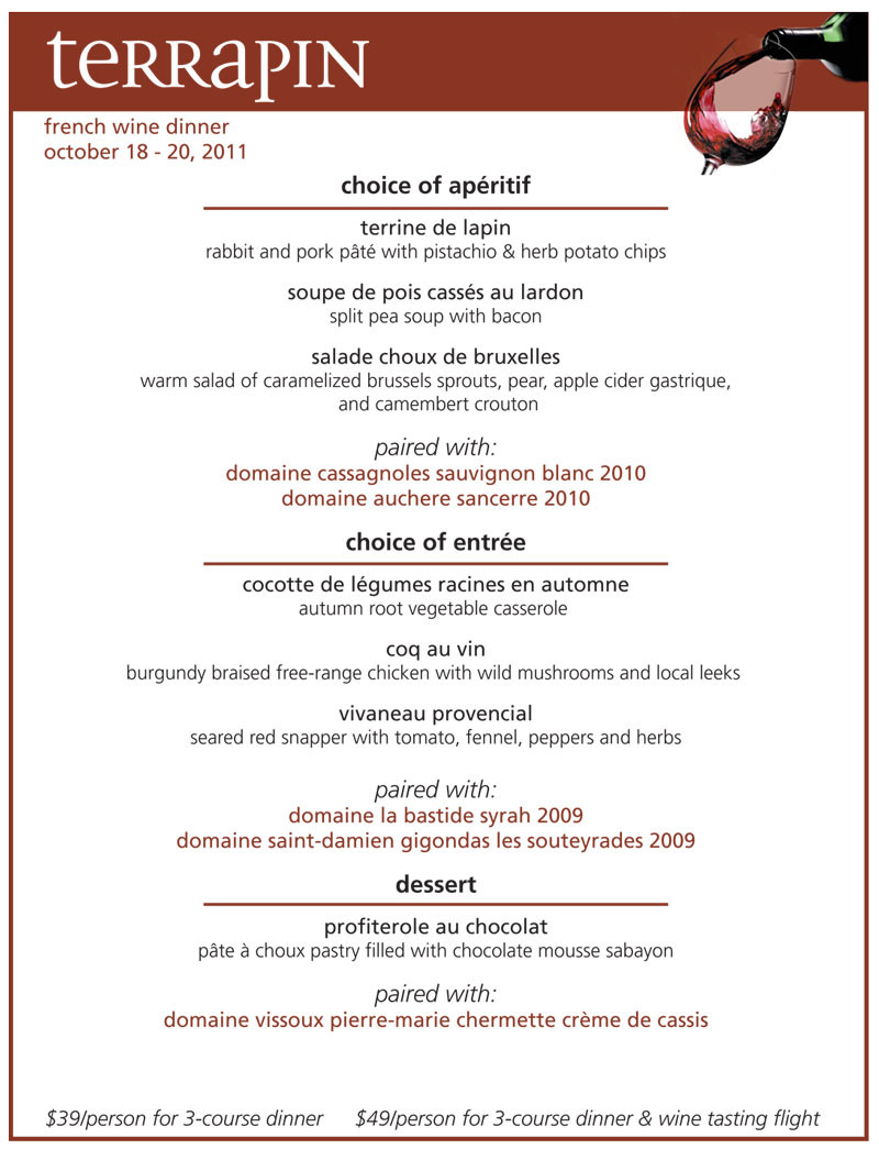 French Dinner Menu
 French Wine Dinner Menu Terrapin Restaurant