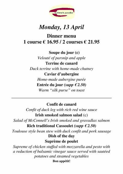 French Dinner Menu
 Menus Wine bar French Tapas The French Paradox Dublin