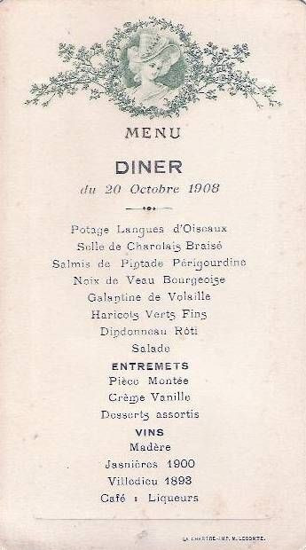 French Dinner Menu
 1908 French dinner menu