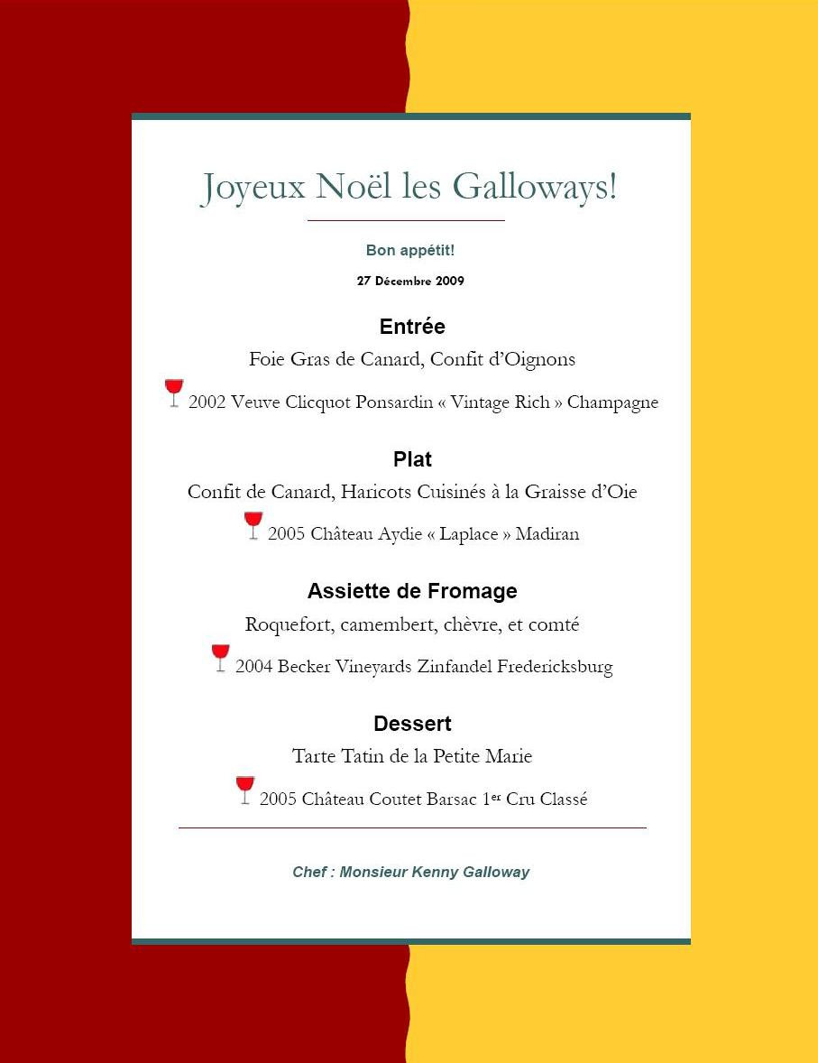 French Dinner Menu
 Merry Christmas Galloways – 4 Course French Dinner