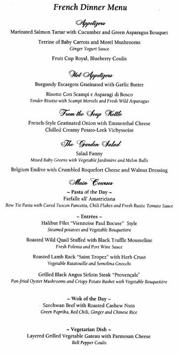 French Dinner Menu
 To Oceania Cruises Menus Homepage