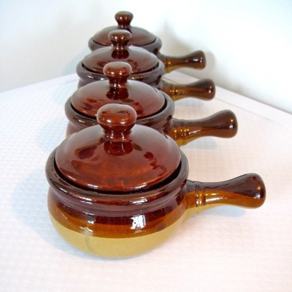 French Onion Soup Bowls
 French ion Soup Bowls Brown Glazed w Lids 1970s Vintage Set