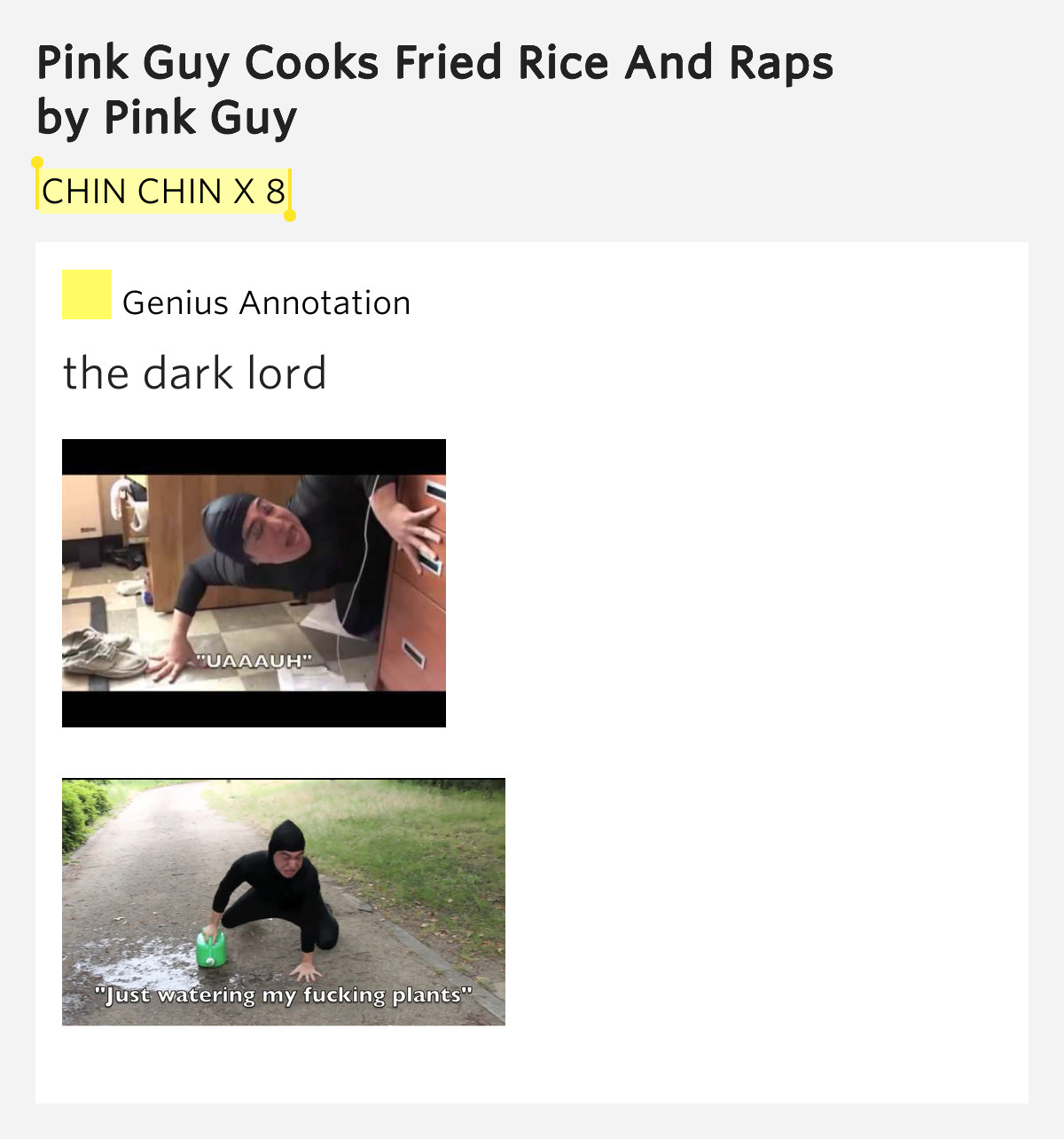 Fried Rice Lyrics
 CHIN CHIN X 8 – Pink Guy Cooks Fried Rice And Raps by Pink Guy