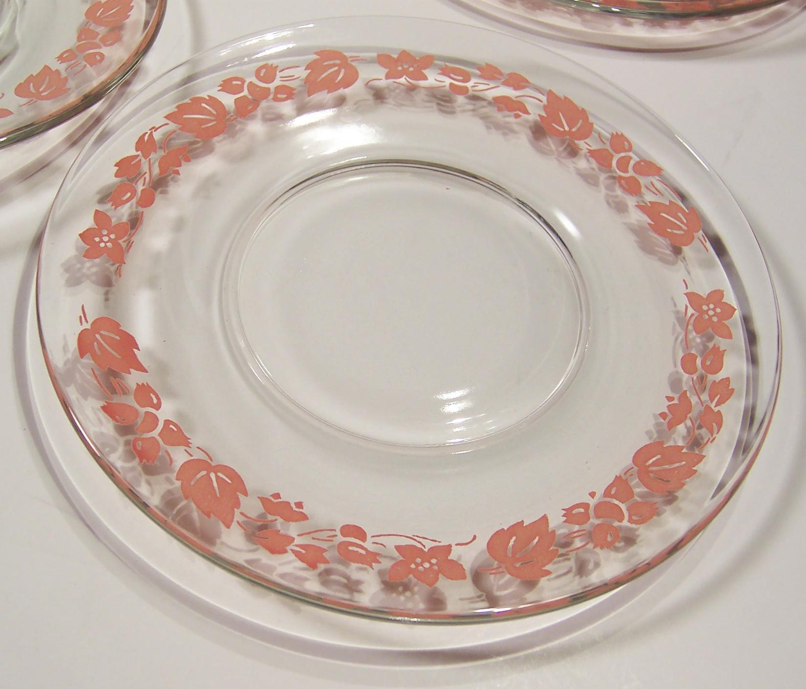 Glass Dessert Plates
 SET of 16 Hocking "Pyrex Pink" Gooseberry on Clear Glass
