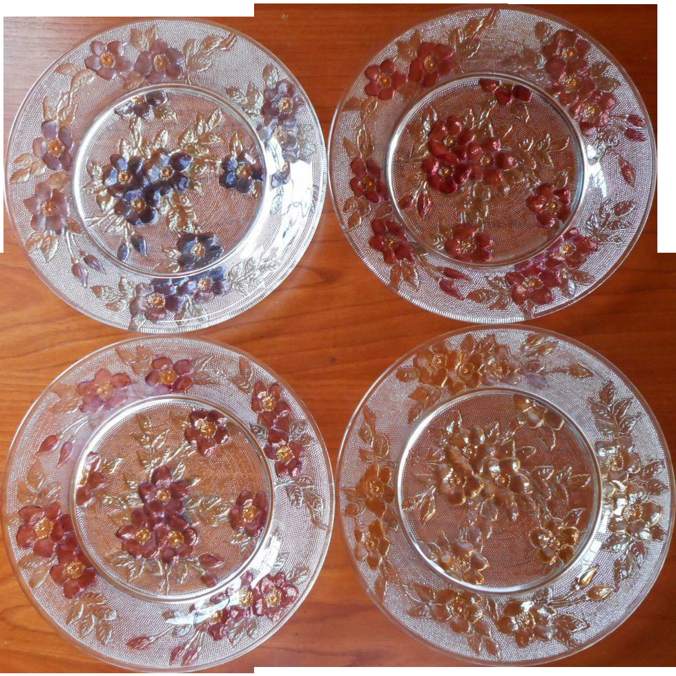 Glass Dessert Plates
 Set Plates Pressed Glass Colored Wild Roses Vintage Salad