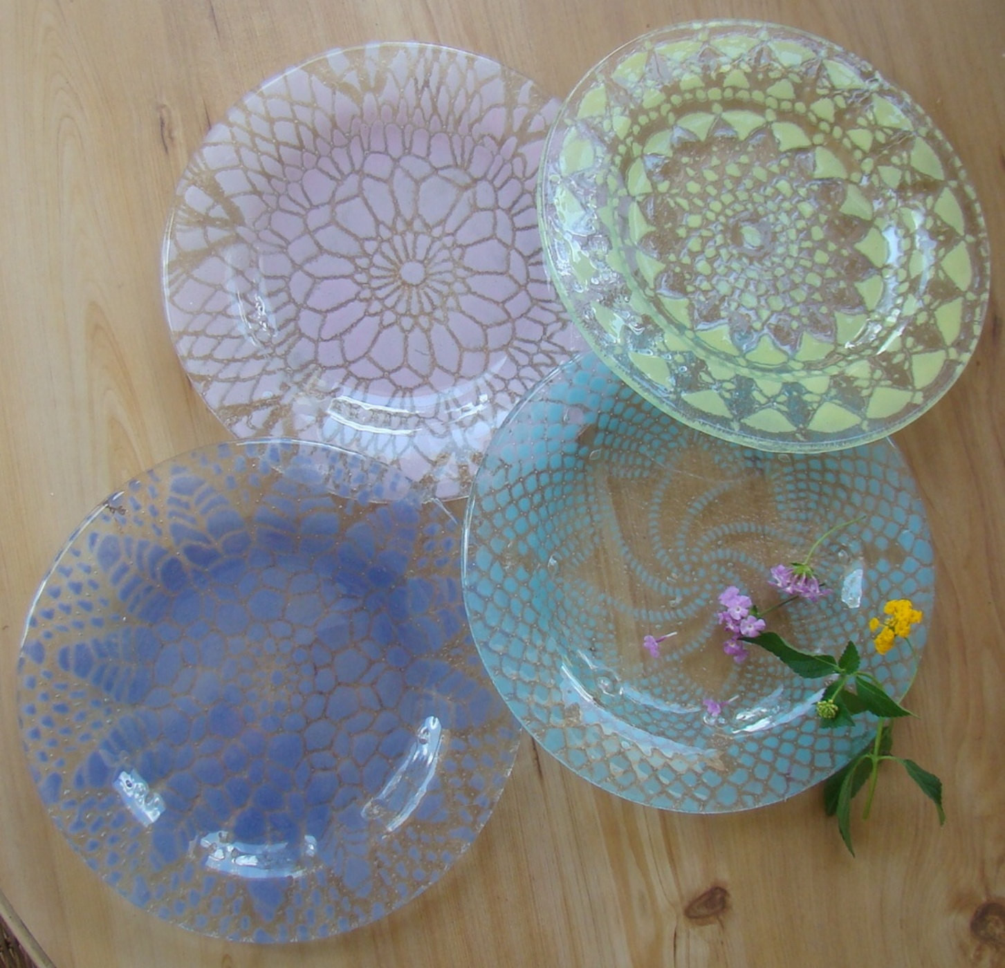 Glass Dessert Plates
 Eclectic Pastel Dessert Plate Set II Fused Glass Plate Set