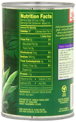 Green Bean Nutrition Facts
 Libby s Organic Cut Green Beans 14 5 Ounce Can Pack of 12