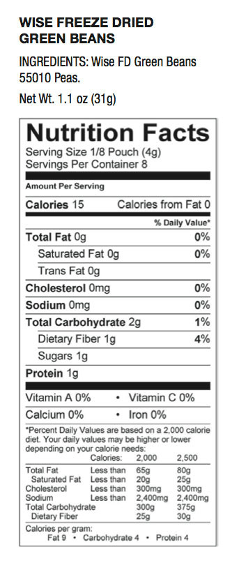 Green Bean Nutrition Facts
 Wise Ve able Supply 120 Servings