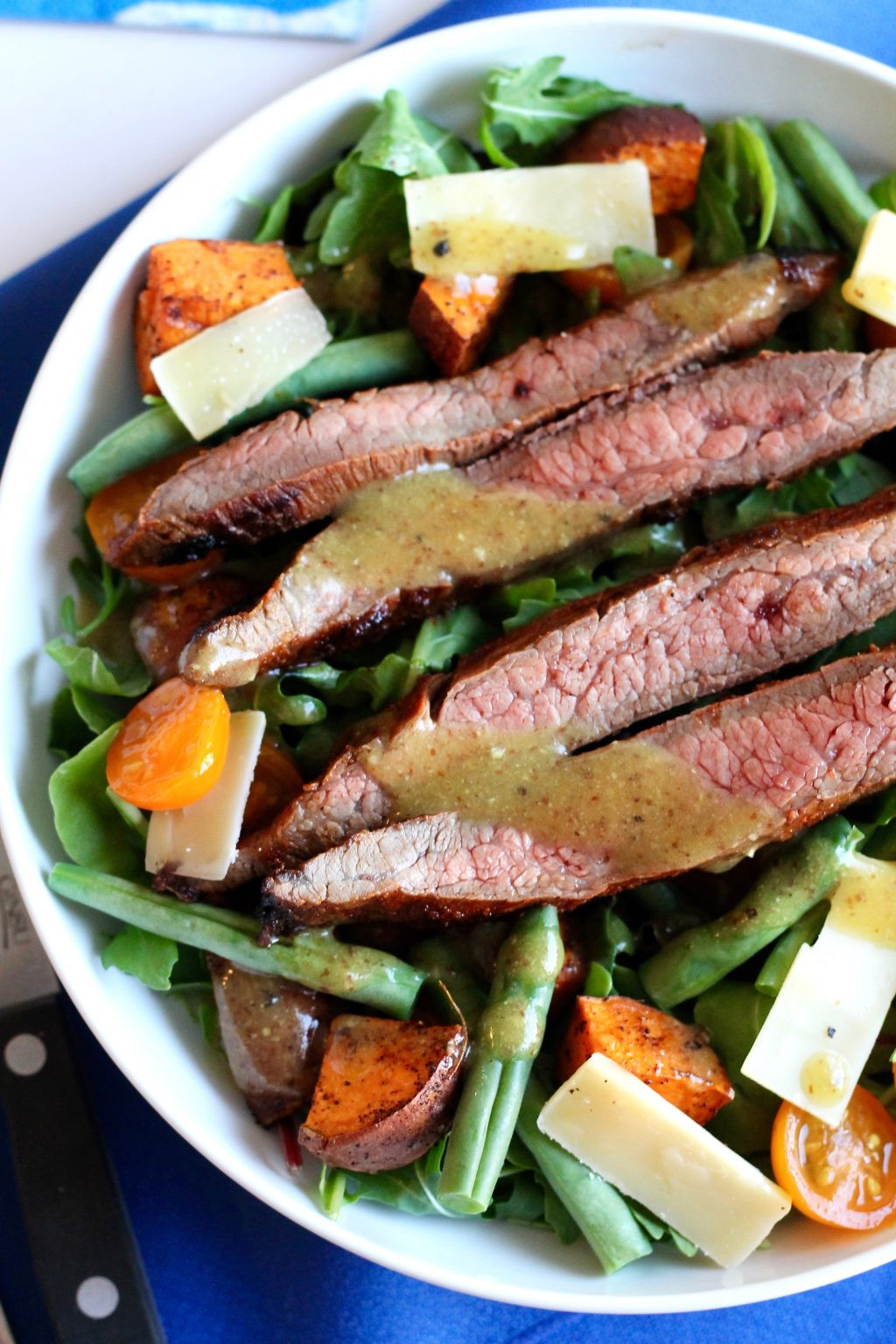 Greens Beans Potatoes Tomatoes
 Skirt Steak Salad with Sweet Potatoes Tomatoes & Green Beans