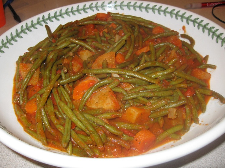 Greens Beans Potatoes Tomatoes
 Fasolakia Yahni Greek Green Beans with New Potatoes in