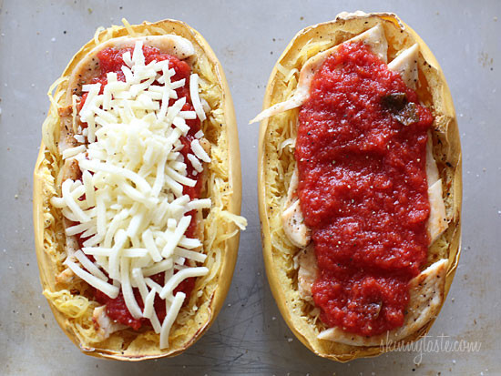 Grilled Spaghetti Squash
 Cheesy Baked Spaghetti Squash Boats with Grilled Chicken