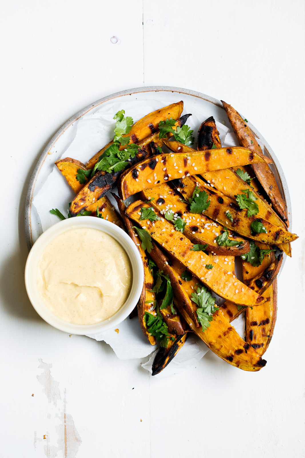 Grilled Sweet Potato Fries
 Sesame Garlic Grilled Sweet Potato Fries with Yogurt Curry