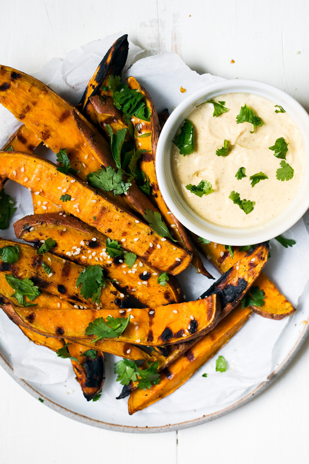 Grilled Sweet Potato Fries
 Sesame Garlic Grilled Sweet Potato Fries with Yogurt Curry