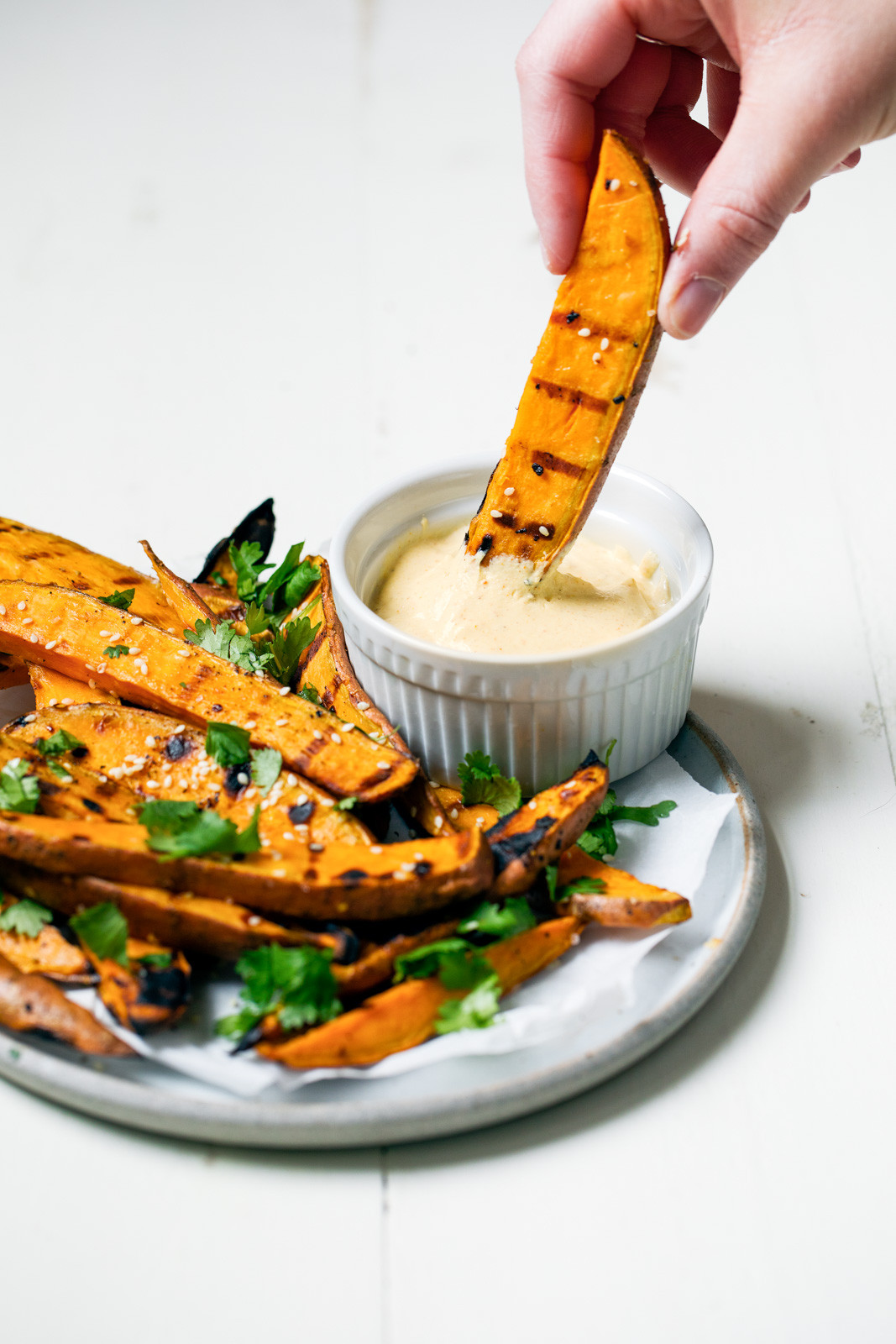 Grilled Sweet Potato Fries
 Sesame Garlic Grilled Sweet Potato Fries with Yogurt Curry