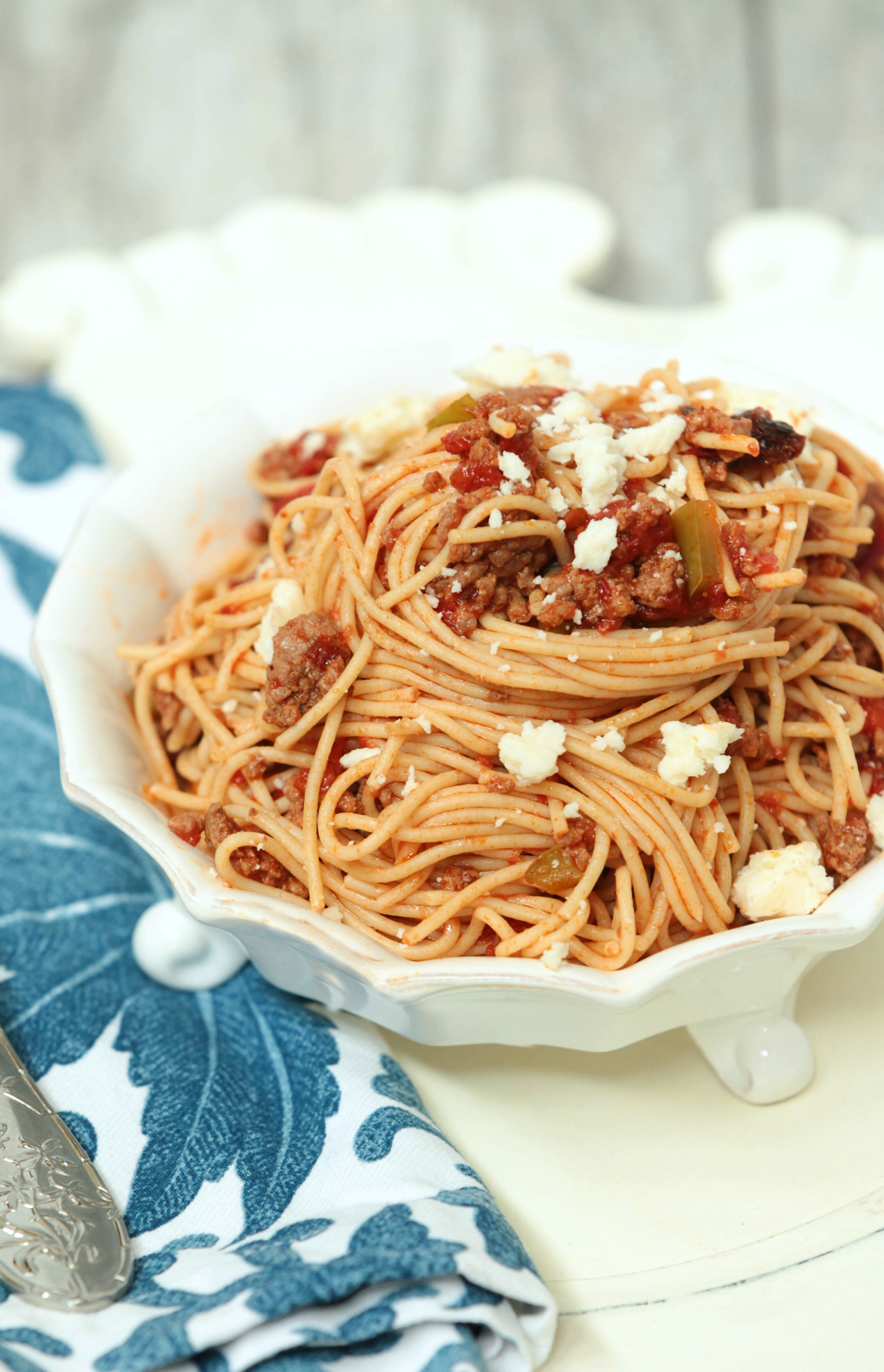 Ground Beef Spaghetti
 Spaghetti with Ground Beef Chipotle and Cotija Cheese