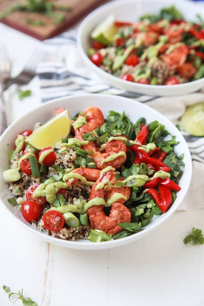 Healthy Bowl Recipes
 Blackened Shrimp Quinoa Bowl with Avocado Crema