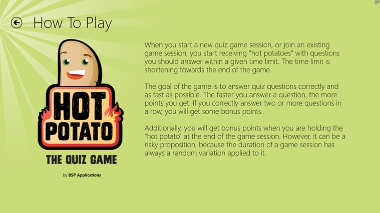 How To Play Hot Potato
 Hot Potato The Quiz Game for Windows 8 and 8 1