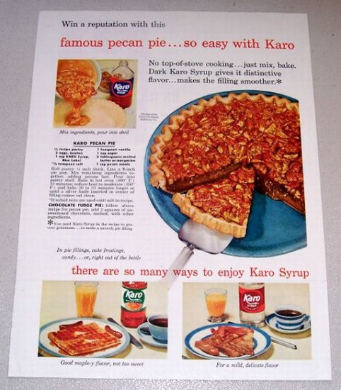 Karo Pecan Pie Recipe
 1954 Color Print Ad Karo Syrup Pecan Pie Recipe