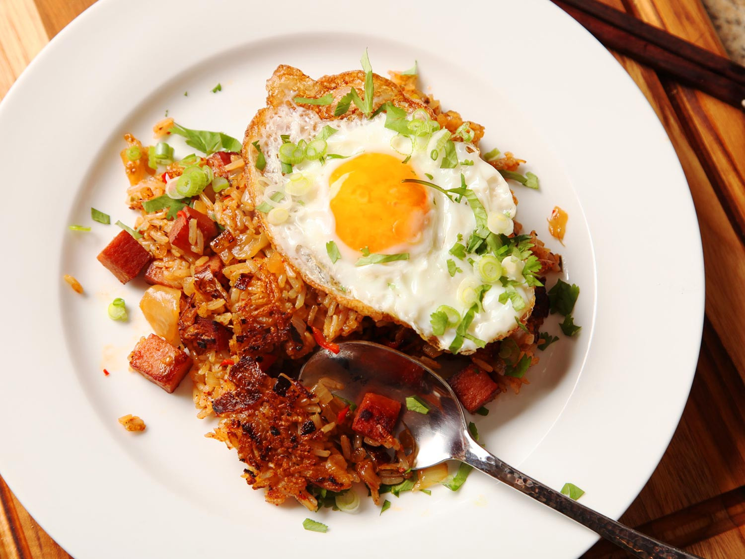 Kimchi Fried Rice
 Best Eaten Alone Without Pants Kimchi and Spam Fried