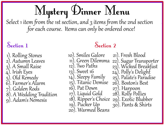 List Of Meals For Dinner
 Mystery Dinner – Red Hats Victoria