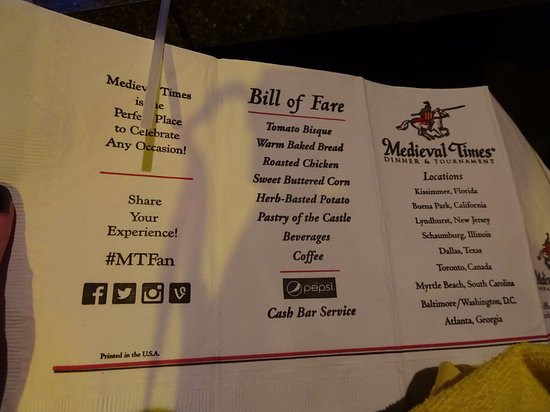 Medieval Times Dinner Menu
 Knights Picture of Me val Times Dinner & Tournament