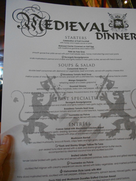 Medieval Times Dinner Menu
 Sea Day & Me val Times dinner