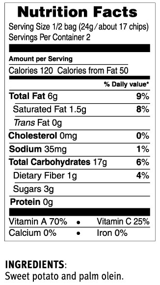 Nutrition Facts Sweet Potato
 Sweet Potato Chips 5 oz Inka Crops
